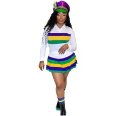 Plus Size Sport Stripe Color Block Two Piece Skirts Set GYXF-8086