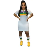 Stripe Shirt Neck Short Sleeve Midi Dress GYXF-4662