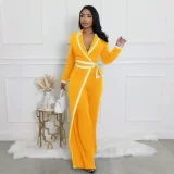 Color Block Long Sleeve Tie Up Jumpsuit QYMF-3249