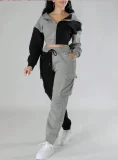 Contrast Color Patchwork Sport Hooded Two Piece Pants Set GWSF-383799773
