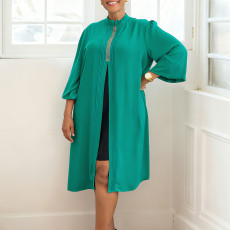 Plus Sizse Long Sleeve Solid Color Split Midi Dress GMLF-3347