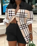 Plus Size Print Long Sleeve Shirt Two Piece Short Set GSRX-9060