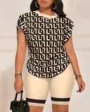 Plus Size Letter Print Short Sleeve Short Suit GSRX-9043