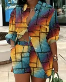 Plus Size Print Long Sleeve Shirt Two Piece Short Set GSRX-9060