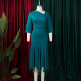 Plus Size Slash Neck 3/4 Sleeve Irregular Midi Dress GMLF-3350