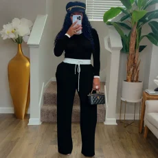 Contrast Color Long Sleeve Pants Suit QYMF-3158