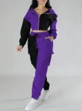 Contrast Color Patchwork Sport Hooded Two Piece Pants Set GWSF-383799773