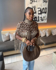 Leopard Print Tassel Shawl Tops GRNH-8888