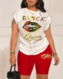 Plus Size Letter Print Short Sleeve Short Suit GSRX-9043