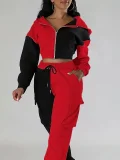 Contrast Color Patchwork Sport Hooded Two Piece Pants Set GWSF-383799773