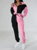 Contrast Color Patchwork Sport Hooded Two Piece Pants Set GWSF-383799773