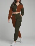Contrast Color Patchwork Sport Hooded Two Piece Pants Set GWSF-383799773