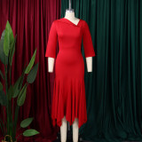 Plus Size Slash Neck 3/4 Sleeve Irregular Midi Dress GMLF-3350