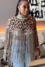 Leopard Print Tassel Shawl Tops GRNH-8888