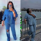 Denim Long Sleeve Shirt Holes Jeans 2 Piece Set GMYU-6386