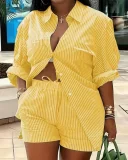 Plus Size Print Long Sleeve Shirt Two Piece Short Set GSRX-9060