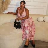 V Neck Halterneck Backless Print Long Dress GMYU-9554