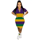 Stripe Shirt Neck Short Sleeve Midi Dress GYXF-4662