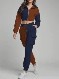 Contrast Color Patchwork Sport Hooded Two Piece Pants Set GWSF-383799773
