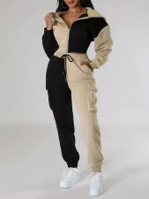 Contrast Color Patchwork Sport Hooded Two Piece Pants Set GWSF-383799773