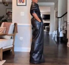 PU Leather Retro Loose Jumpsuit GRNH-28715