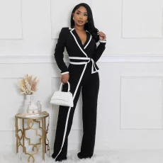 Color Block Long Sleeve Tie Up Jumpsuit QYMF-3249