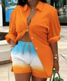 Plus Size Print Long Sleeve Shirt Two Piece Short Set GSRX-9060
