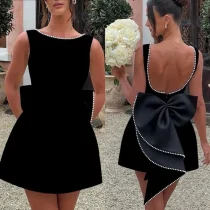 Pearl Bow Backless Mini Dress GMYU-8952