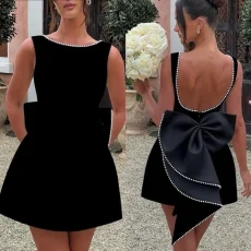 Pearl Bow Backless Mini Dress GMYU-8952