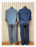Denim Long Sleeve Shirt Holes Jeans 2 Piece Set GMYU-6386