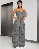 Plus Size Wrap Chest Denim Loose Jumpsuit GAKF-A40707