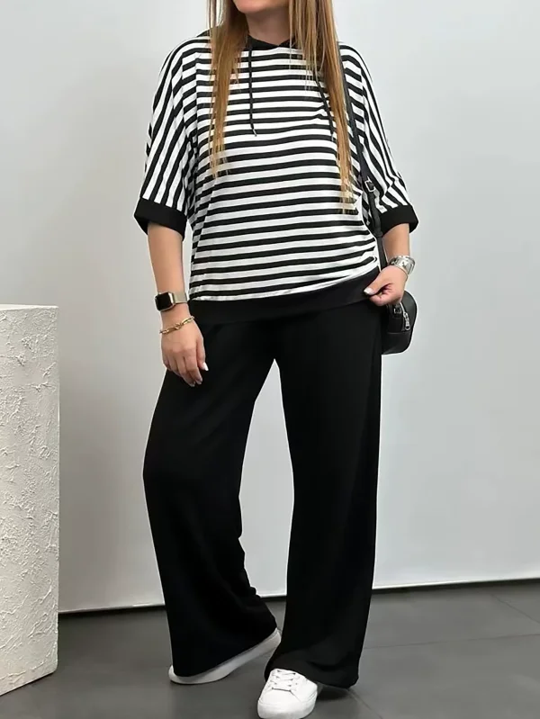Plus Size Half Sleeve Stripe Sweatshirt Pants Suit GWSF-2872187310