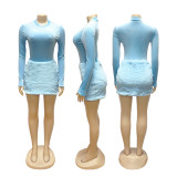 Long Sleeve Solid Bodysuit Fuzzy Skirt 2 Piece Set BMF-TW779