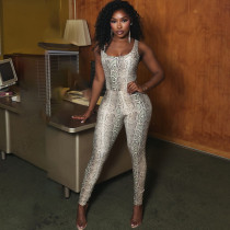 Snake Print Sleeveless Backless Bodysuit Pants Suit  XEF-K25S84267