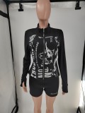 Zipper Long Sleeve Print Short Suit GMJL-XH2200