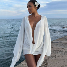 Flare Sleeve Solid Color Mini Dress XEF-K25D83058