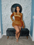 Long Sleeve Solid Bodysuit Fuzzy Skirt 2 Piece Set BMF-TW779