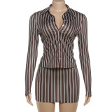 Stripe Long Sleeve Lapel Shirt Skirt Suit DLSF-K25S83017