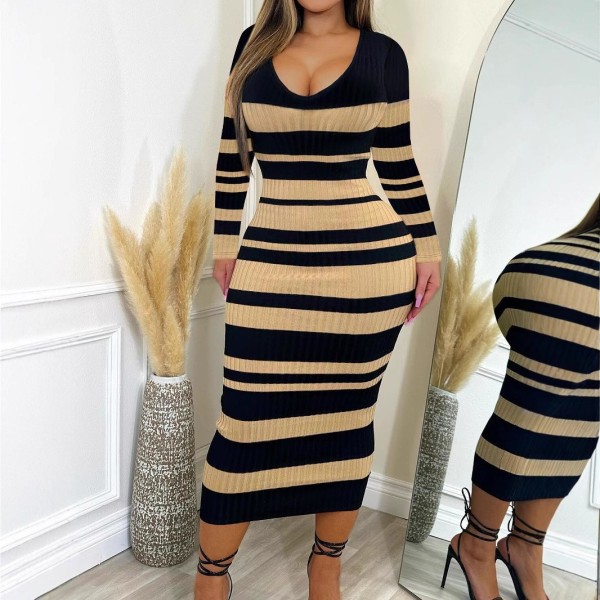 Stripe Print Long Sleeve Midi Dress GWSF-T239797084