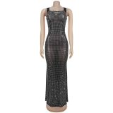 Mesh Hot Drill Backless Maxi Dress BY-7551