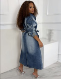 Plus Size Denim Cross Embroidered Long Trench Coat GAKF-A41016
