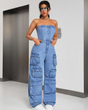 Plus Size Wrap Chest Denim Loose Jumpsuit GAKF-A40707