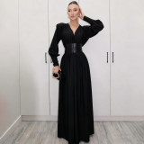 Retro Waist Cincher V-Neck Long-Sleeve Maxi Dress XEF-K25D83120