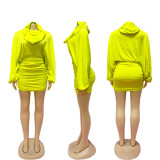 Hooded Puff-Sleeve Top and Pleated Skirt Two-Piece Set BMF-GL602