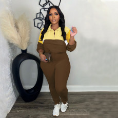 Zipper Color Block Tight Two Piece Pants Set BMF-TW539