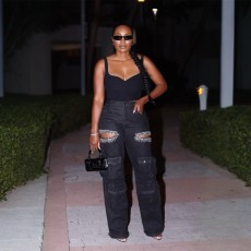 Hot Drill Multi-pockets Loose Jeans YUMT-YMT402