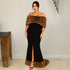 Leopard Print Furzzy Collar Maxi Dress YF-250917