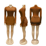 Long Sleeve Solid Bodysuit Fuzzy Skirt 2 Piece Set BMF-TW779
