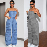 Plus Size Wrap Chest Denim Loose Jumpsuit GAKF-A40707