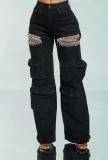 Hot Drill Multi-pockets Loose Jeans YUMT-YMT402